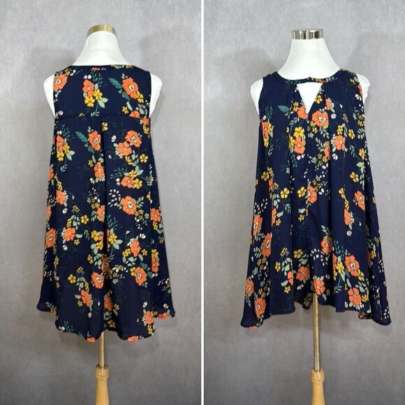 Jodifl Navy Blue Floral Short Sleeveless Tunic Dress Small keyhole Neck Boho - Picture 2 of 10